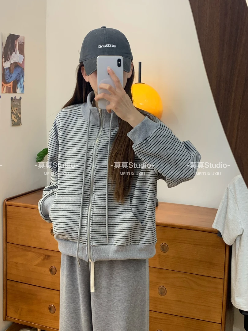 复古横条纹小立领2025秋季新款宽松外套女士休闲上衣573