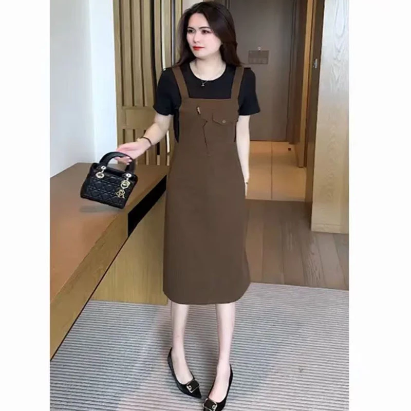 假两件时尚宽松背带裙休闲减龄洋气大方简约夏季新款连衣裙裙子
