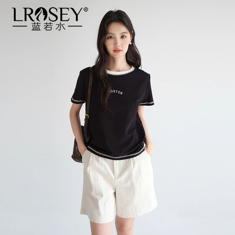 Lrosey/蓝若水大码女装字母刺绣明线短袖T恤复古上衣86886