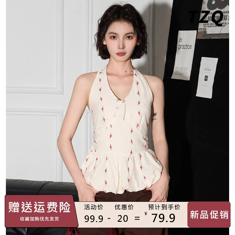 泰式挂脖花苞V领吊带背心女款夏季外穿高级感美背上衣TZQ2552515