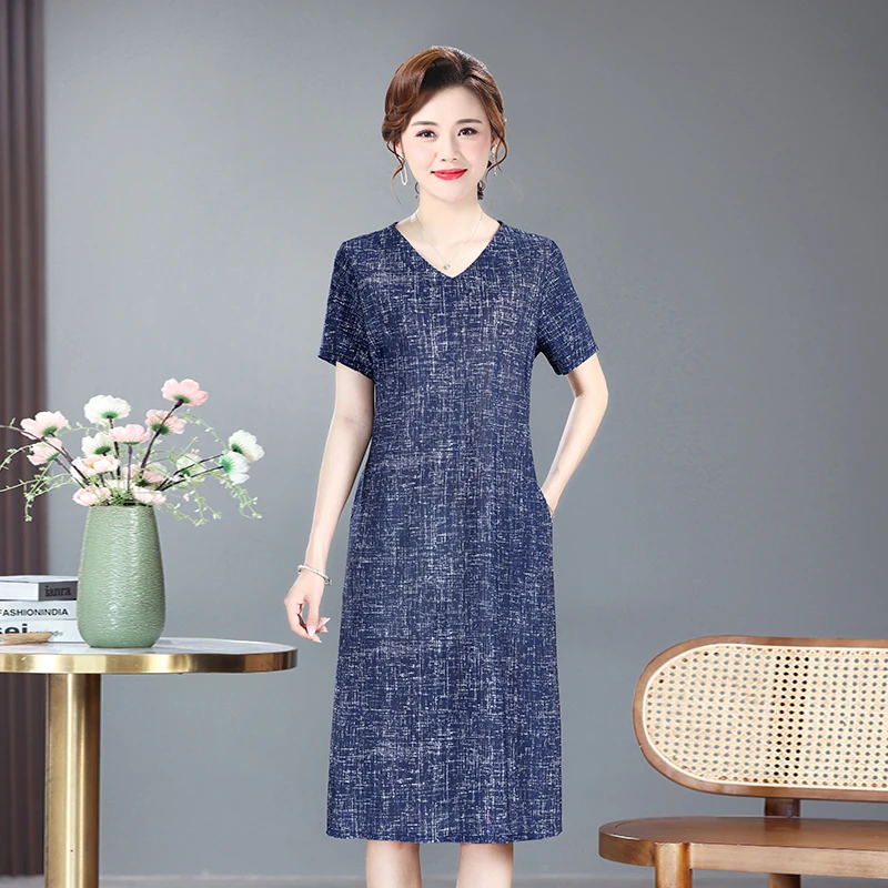 2025夏季新款中老年女装连衣裙洋气大码宽松显瘦妈妈装中长款裙子