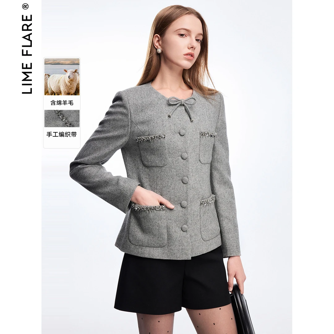 莱茵福莱尔绵羊毛格雷系灰色蝴蝶结高级感收腰外套LMFD18WJP001