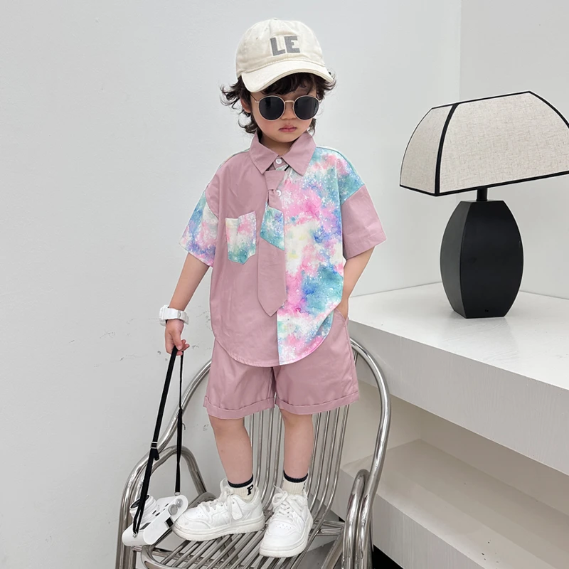 男童夏装套装2025新款儿童韩版短袖花衬衫两件套宝宝夏季薄款衣服