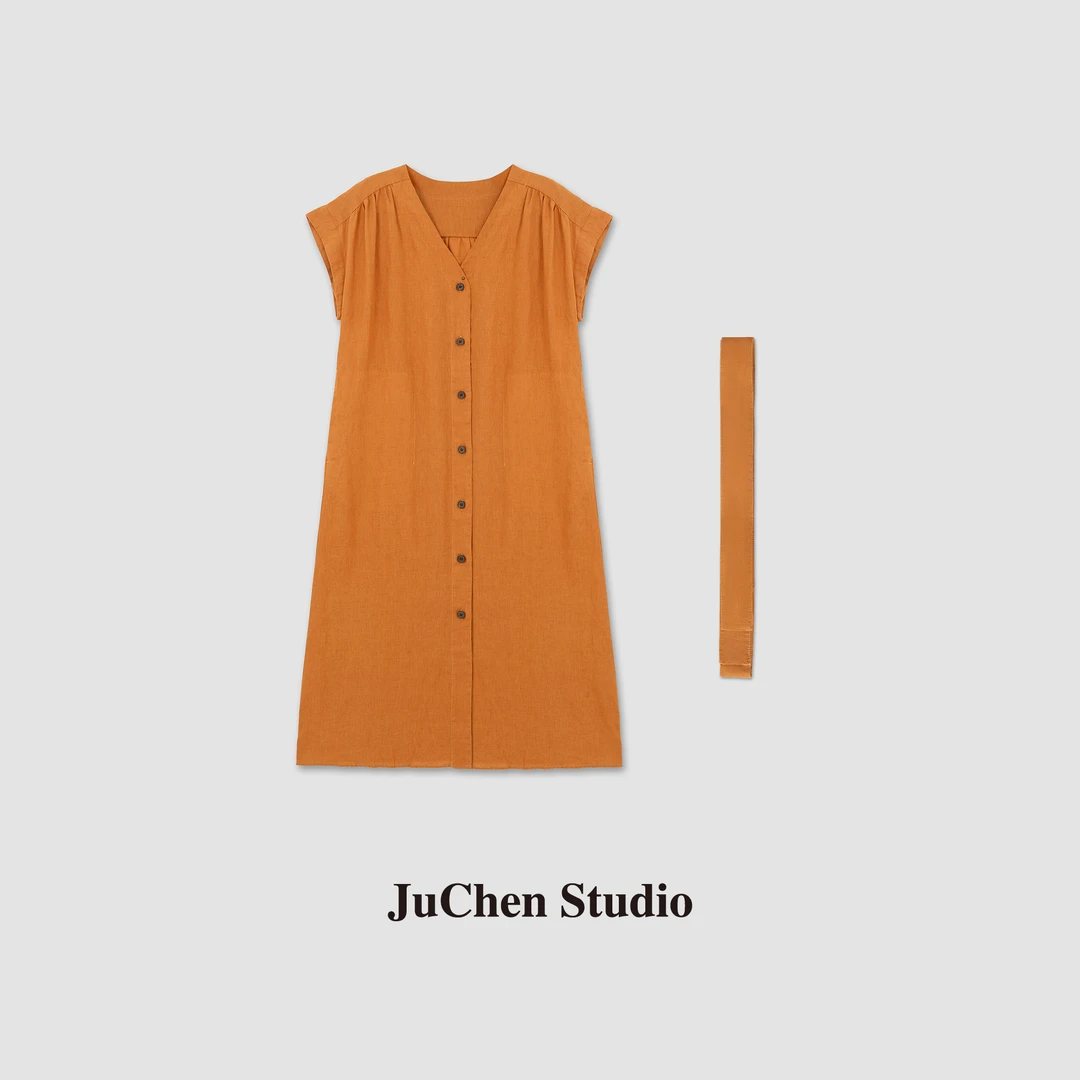 “落日橙光”亚麻平纹单排扣碎褶飞袖V领小禾连衣裙 SS301003-143