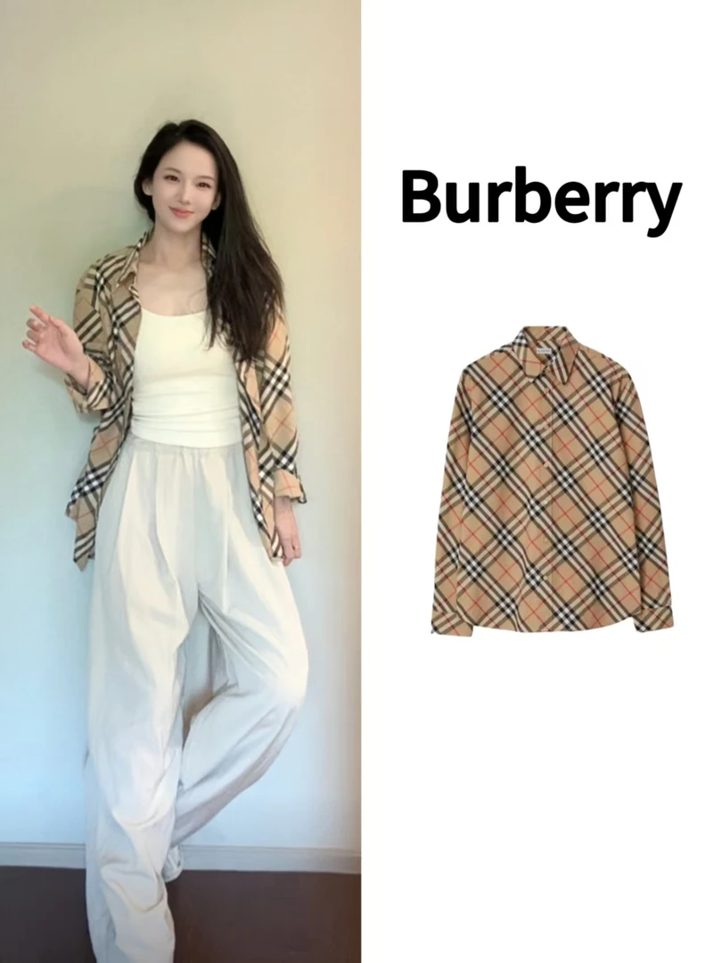 Burberry/博柏利 SS24 格纹单排扣尖领长袖衬衫男女同款 沙色