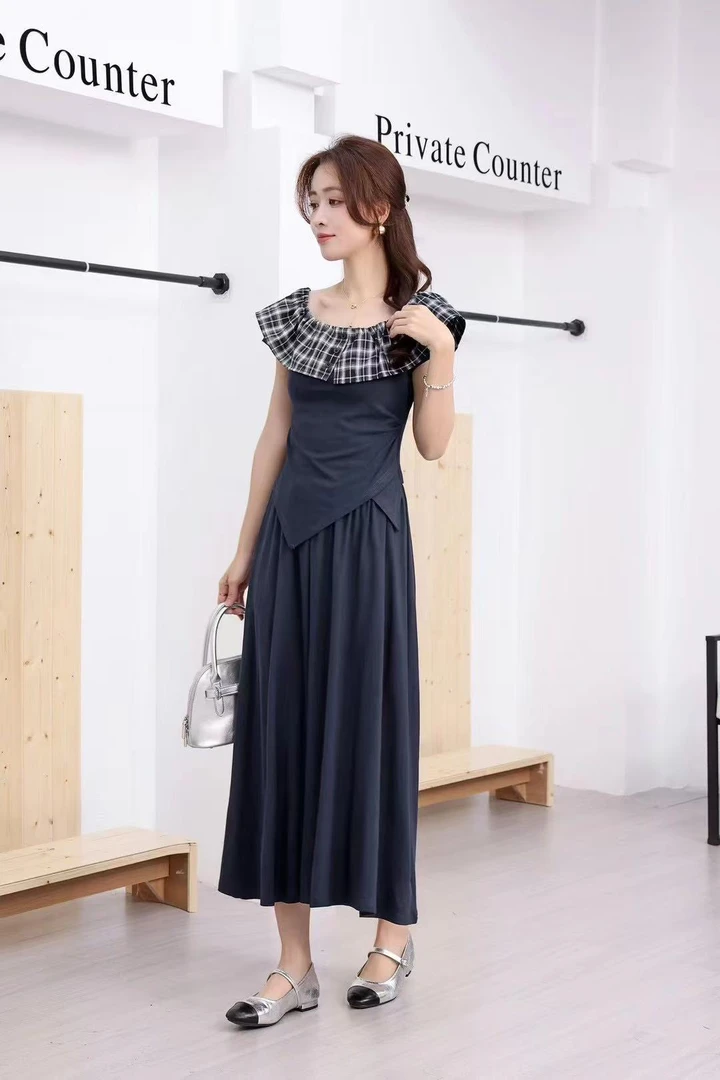 【肉总】荷叶格子拼接上衣➕半身裙两件套