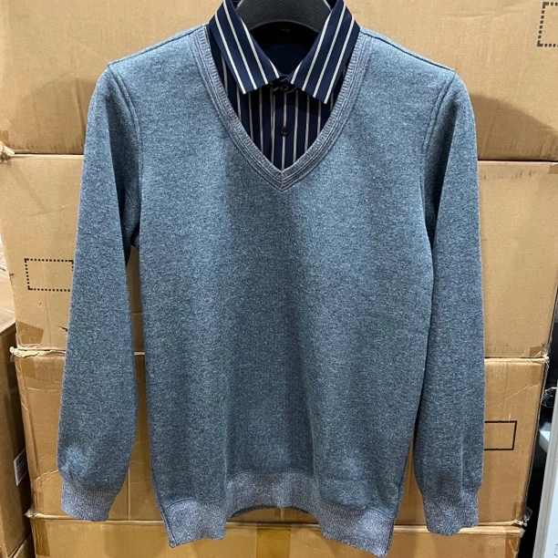 8972偏小一码   撤柜剪标衬衣领假两件毛衣针织衫秋冬加绒男士