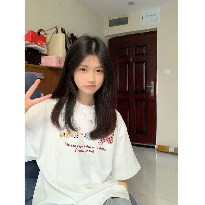 韩系学院风纯棉猫咪刺绣短袖ty恤女夏季潮牌百搭情侣减龄上衣ins