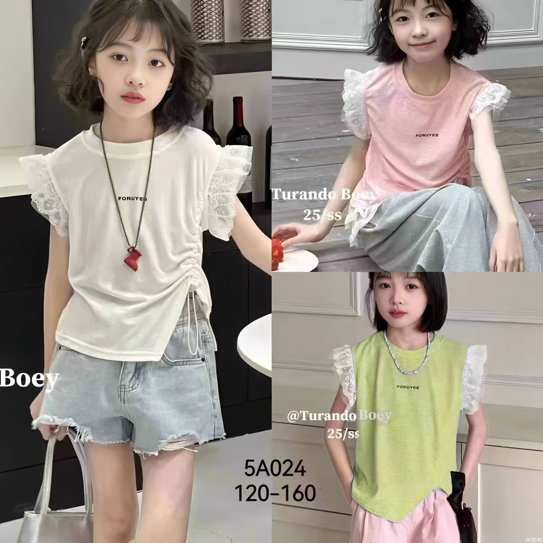 2025夏季新款女童短袖t恤抽绳镂空蕾丝花边时尚百搭女孩韩版上衣