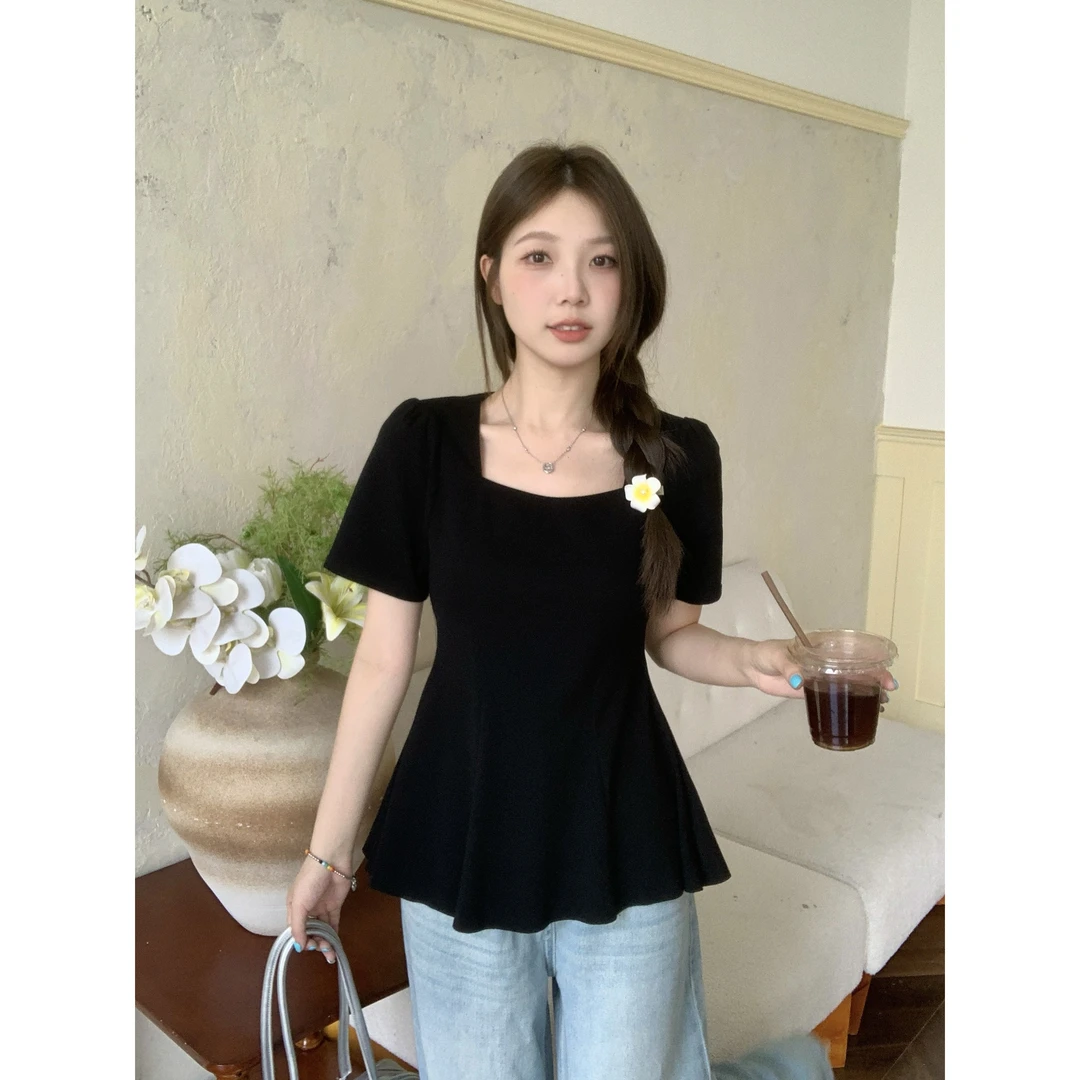 2025夏装新款胖mm大码收腰百褶下摆短袖T恤纯欲方领正肩上衣女