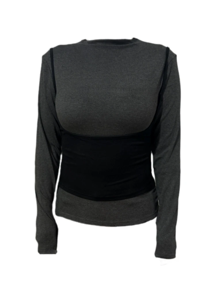 【Amy家】微胖mm假两件吊带长袖T恤女秋冬设计感蚂蚁腰显瘦打底上衣