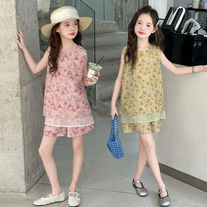 女童套装夏季2025新款儿童洋气碎花背心短裤夏装女孩国风两件套潮