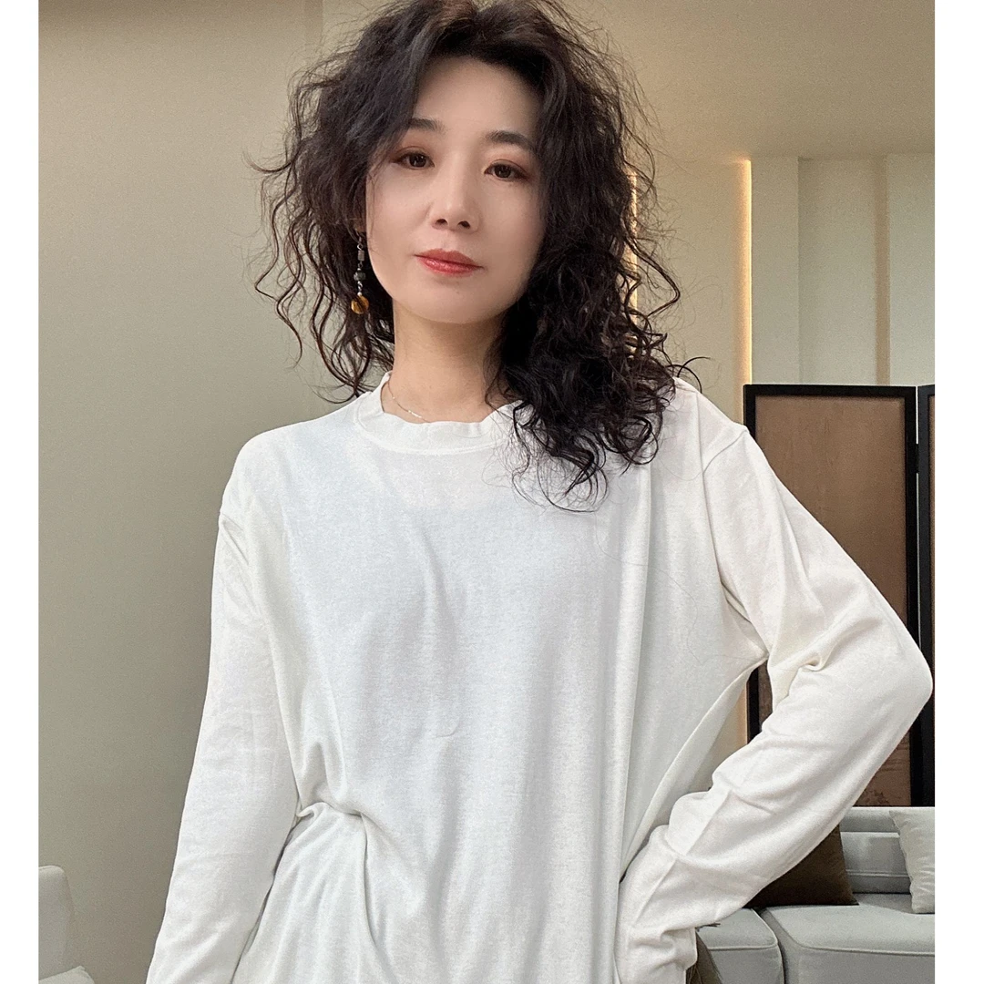 新款常规宽松纯色薄款长袖圆领插肩袖文艺T恤亲肤舒适百搭打底