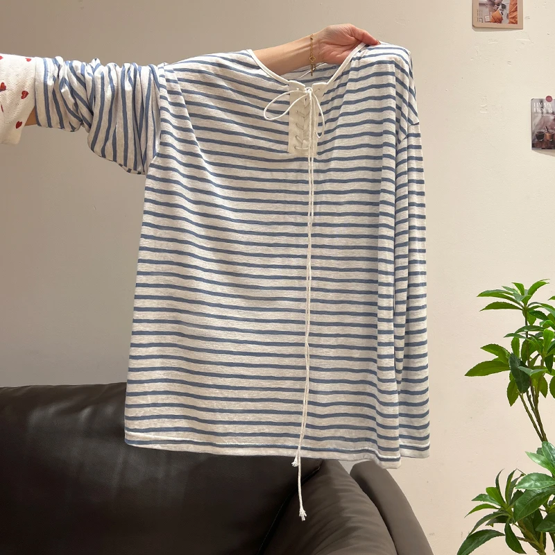 蓝白条纹设计感系带长袖T恤女夏季慵懒风薄款宽松遮肉显瘦上衣