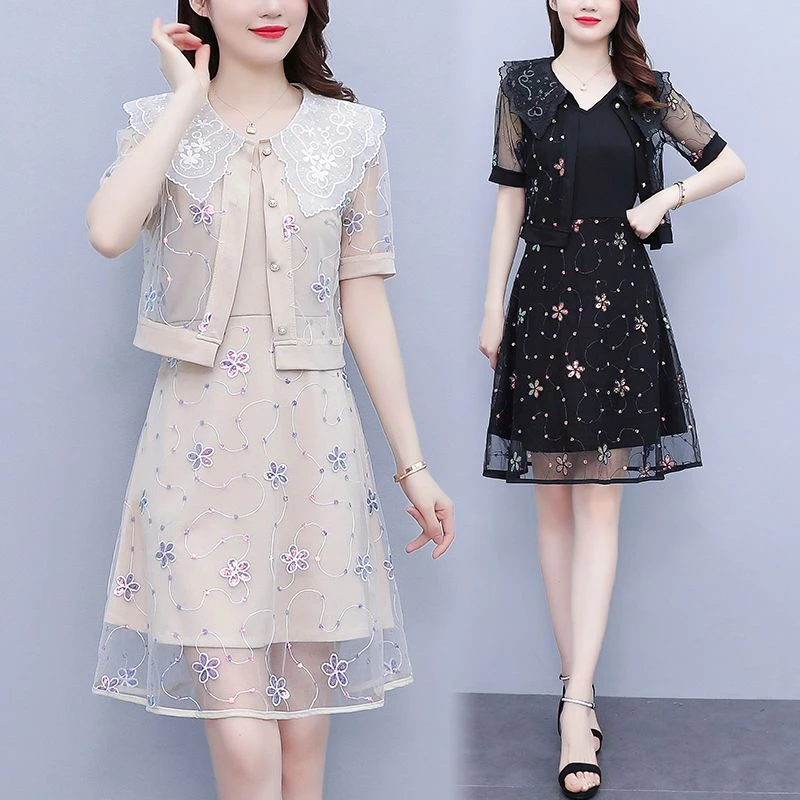 胖MM大码女装2025夏季新款韩版蕾丝短袖网纱拼接连衣裙显瘦两件套