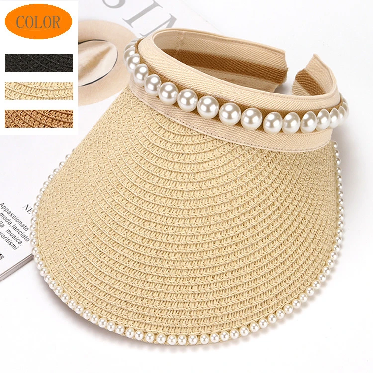 帽子韩版防紫外线草编手工珍珠防晒帽女夏遮阳帽空顶帽发箍太阳帽