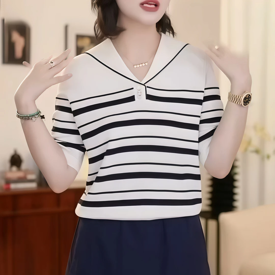 韩系条纹海军领短袖t恤针织衫女夏季薄款时尚减龄显瘦休闲上衣