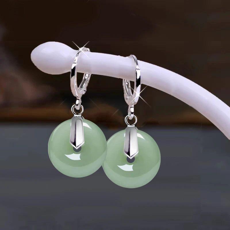 S925纯银天然玉石东陵玉耳环平安扣耳坠不过敏2025年新款耳饰品