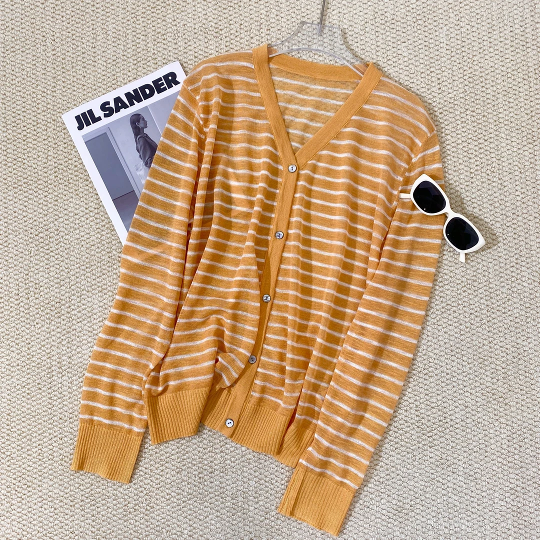 小韩日记【清野针织】针织开衫时尚长袖休闲百搭薄款夏季条纹7658