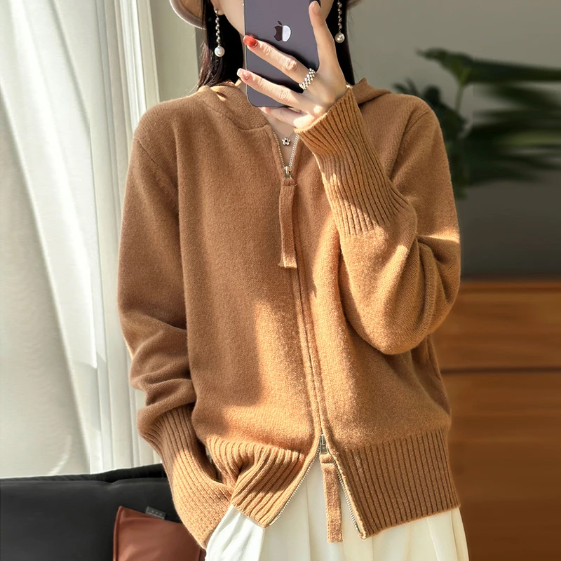 秋冬羊毛双拉链开衫宽松休闲百搭羊毛帽衫简约保暖厚款针织毛衣