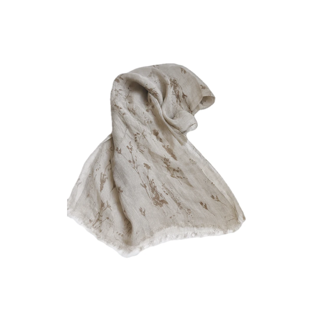 大尺寸文艺亚麻原色印花围巾薄款防晒透气丝巾披肩护颈围脖65*200