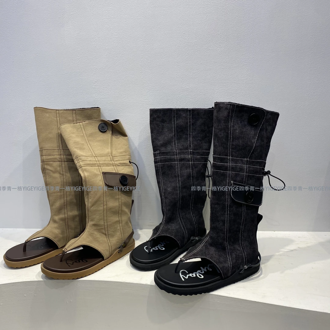 YG 不过膝牛仔夹趾长筒靴2025夏季新款人字凉靴时尚平底马丁靴