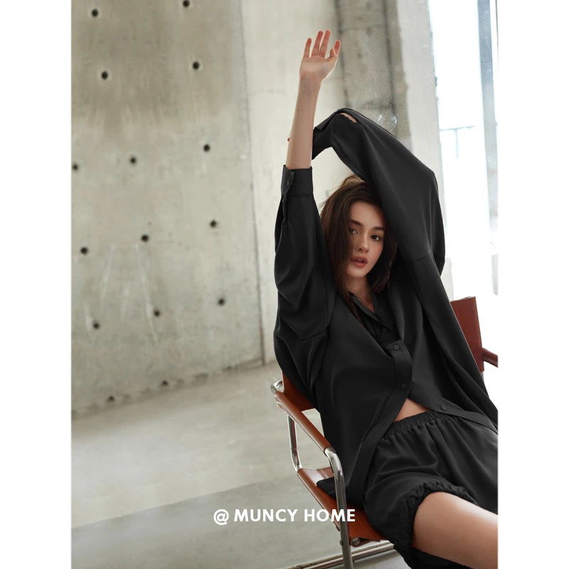 曼系“极简高知感”新款黑色显瘦气质春夏女睡衣高级感家居服套装