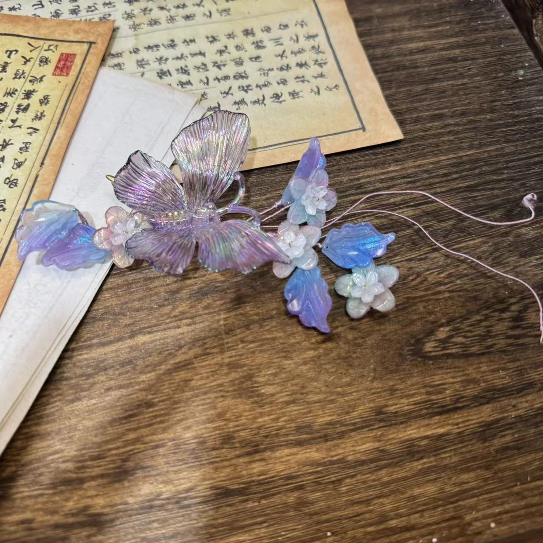 幻彩紫蝴蝶琉璃发夹。前尘梦古风汉服配饰