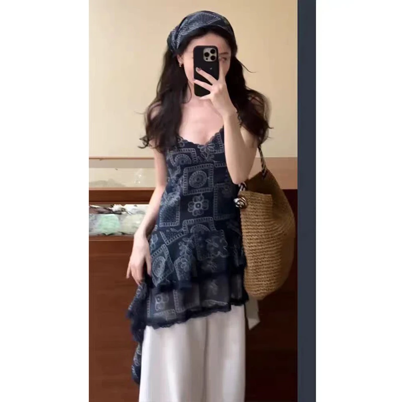 高级感时尚套装女夏季不规则下摆印花吊带上衣阔腿休闲裤两件套