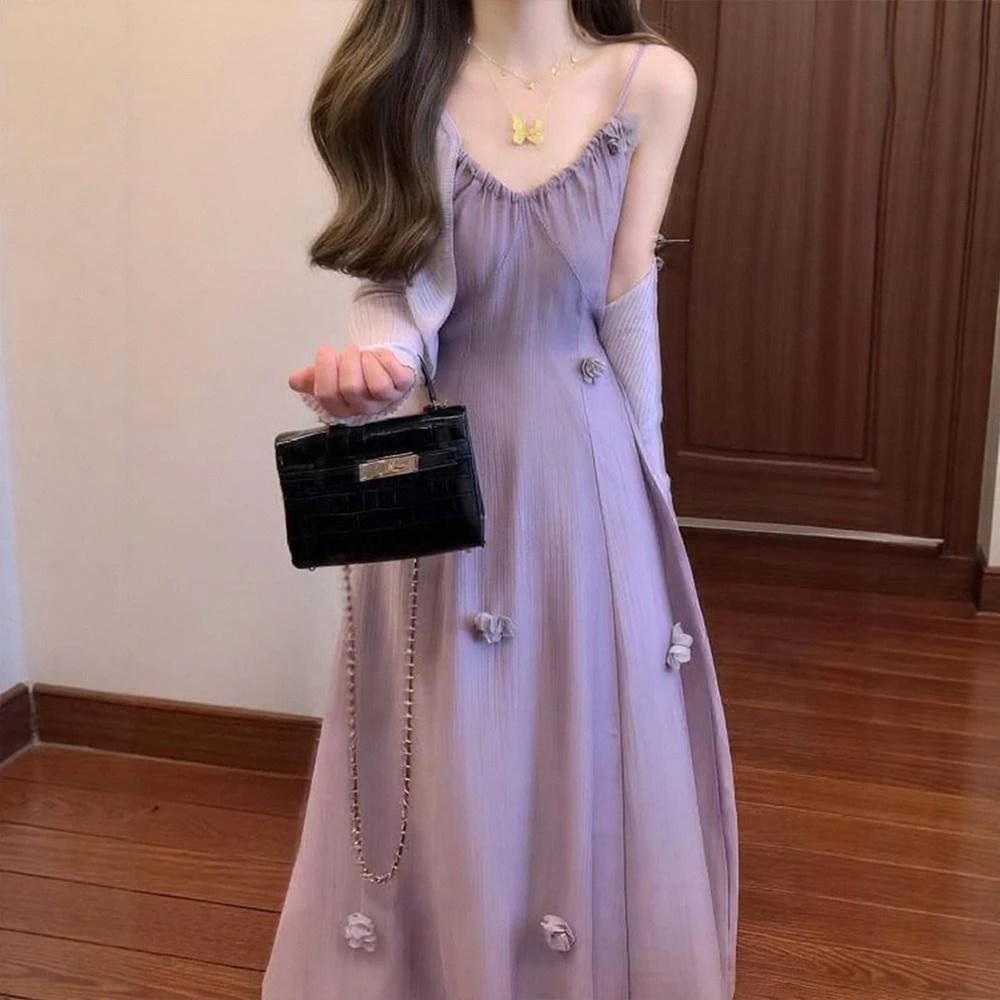 夏季穿搭一整套大码胖mm紫色开衫吊带连衣裙度假风减龄温柔套装女