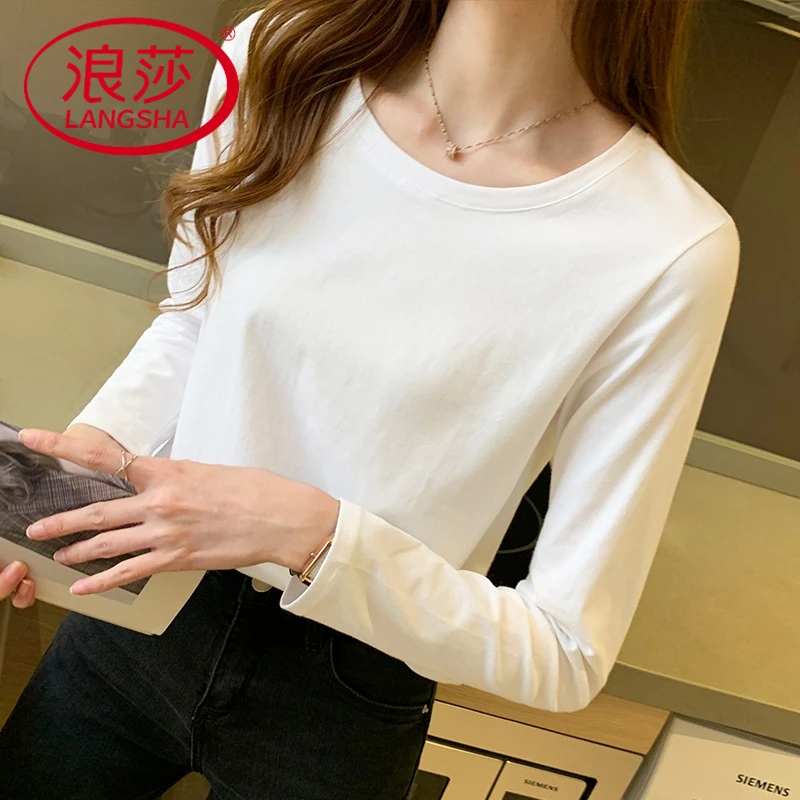浪莎纯白色长袖t恤纯色宽松纯棉内搭基础款打底衫女上衣