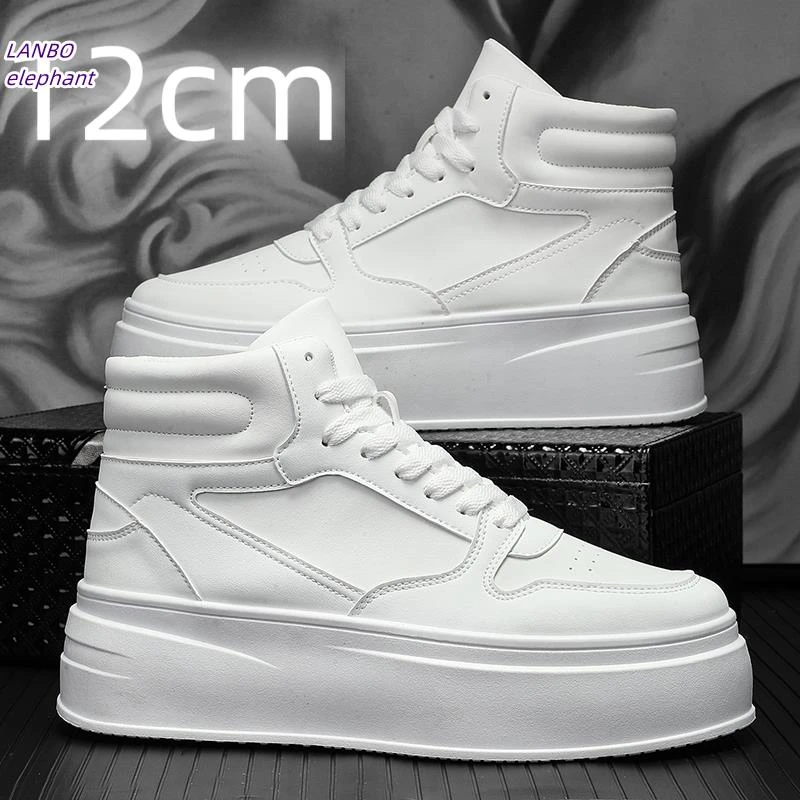 隐形内增高12cm10cm8cm小白鞋男新款厚底纯色高帮潮鞋时尚休闲鞋