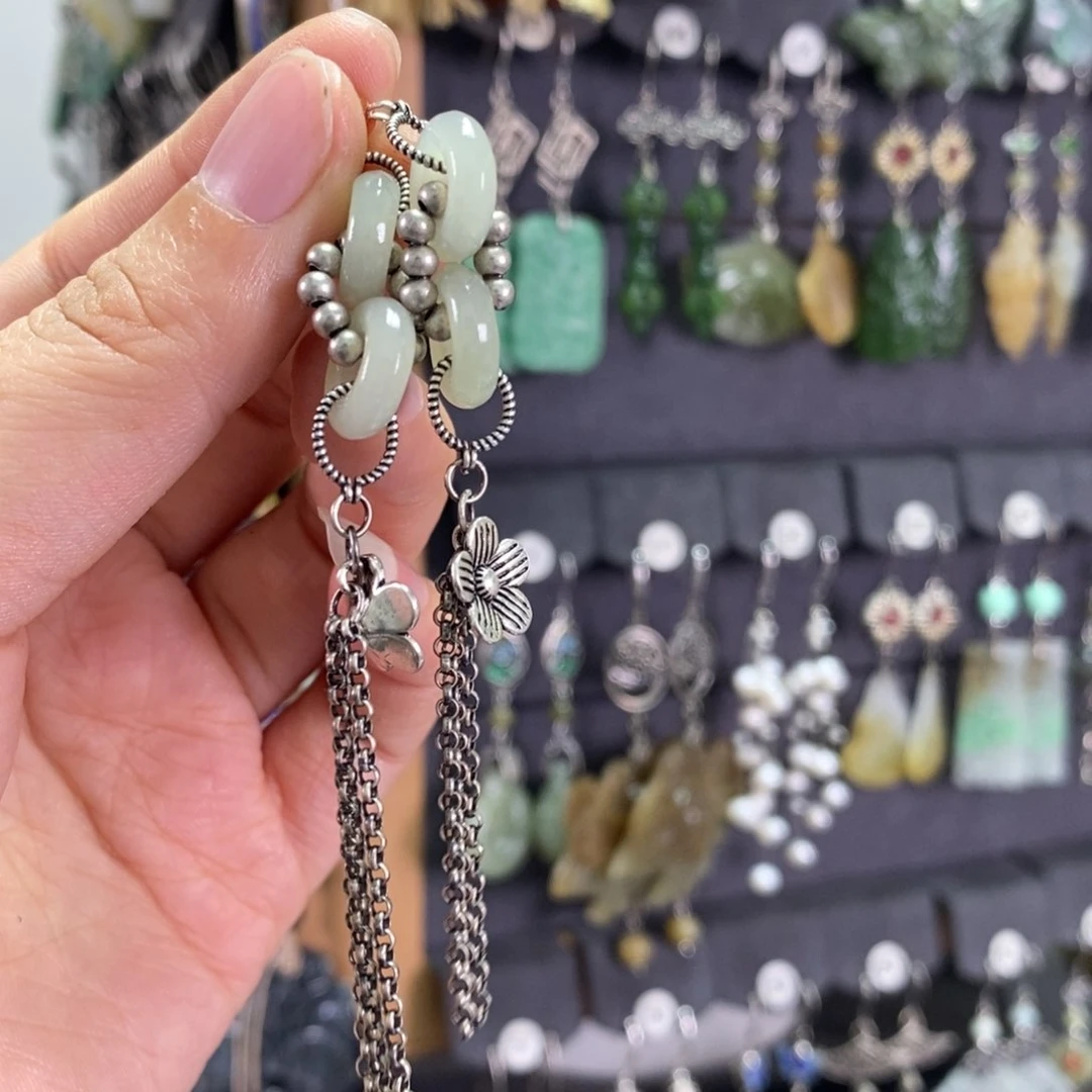 和田玉耳饰银S925镶嵌烟**光X13