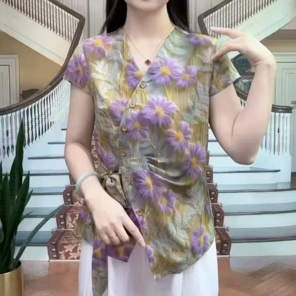 复古薄款中老年女装短款V领国风中式网红百搭常规款