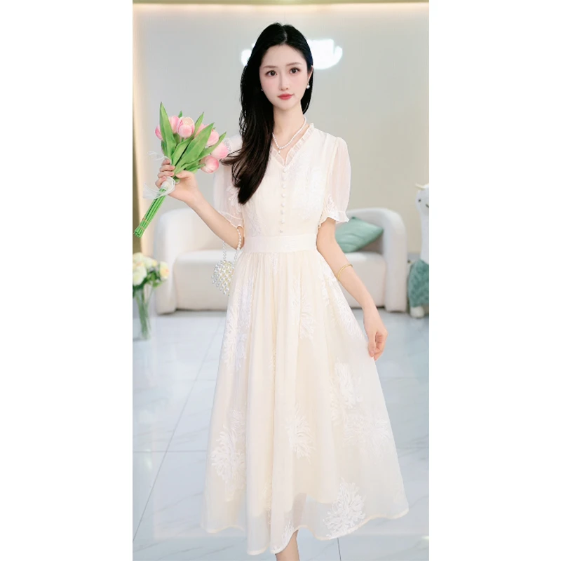 苏醒的乐园夏季新款A201气质短袖收腰中长款连衣裙SXL25143