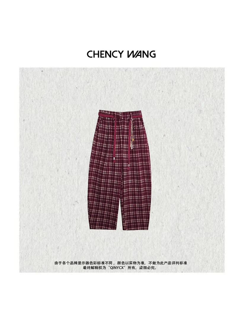 『CHENCY WANG』红糖方格 早秋设计款百搭显瘦格子休闲裤(带小挂件)