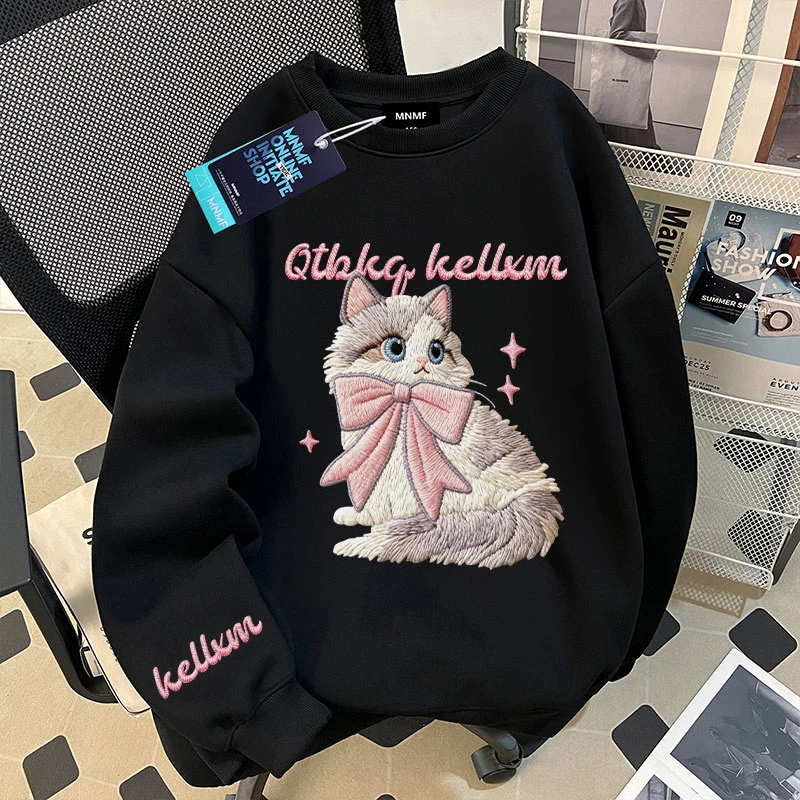 秋冬新款女童圆领卫衣韩版仿刺绣可爱猫咪印花中大童加绒加厚上衣