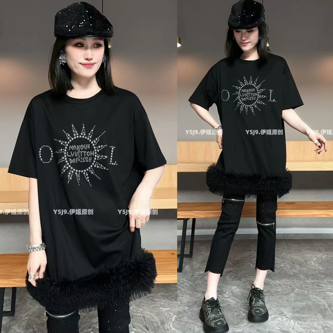 【YJ·高定】2025春夏新款宽松百搭珠片裙拼接显瘦蕾丝半袖女 YY1796