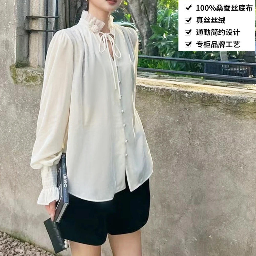 100桑蚕丝丝绒立领系绳设计玫瑰花真丝衬衣丝绒衬衫上衣QKA02