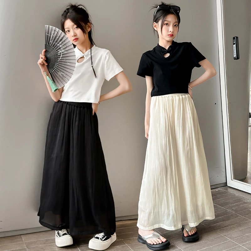 女童国风短袖套装夏装2025新款中大童中式盘扣T恤阔腿裙裤两件套