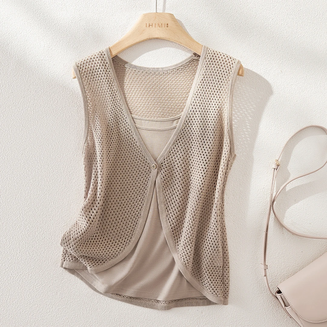 IHIMI/海谧2025年夏季新款简约吊带镂空针织上衣马甲两件套装6306
