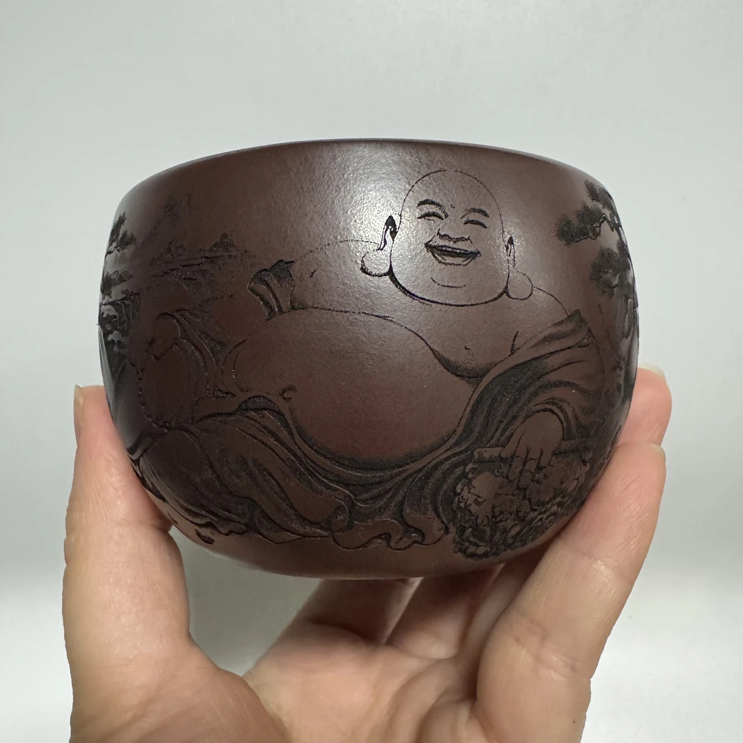 宜兴原矿紫砂主人杯高温石红弥勒招财进宝大口缸杯180cc