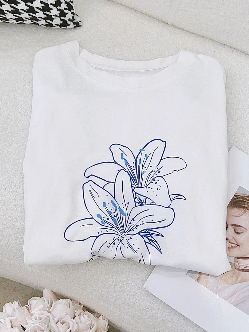 琳心丨春季新款休闲通勤蓝色花朵印花长袖T恤 JH4443