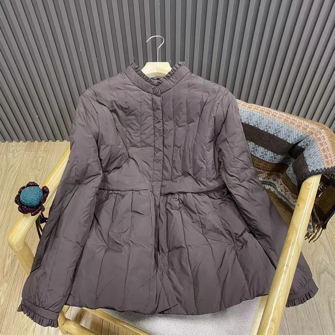 秋冬立领木耳边90白鸭绒羽绒服宽松百搭减龄复古保暖外套女W5150