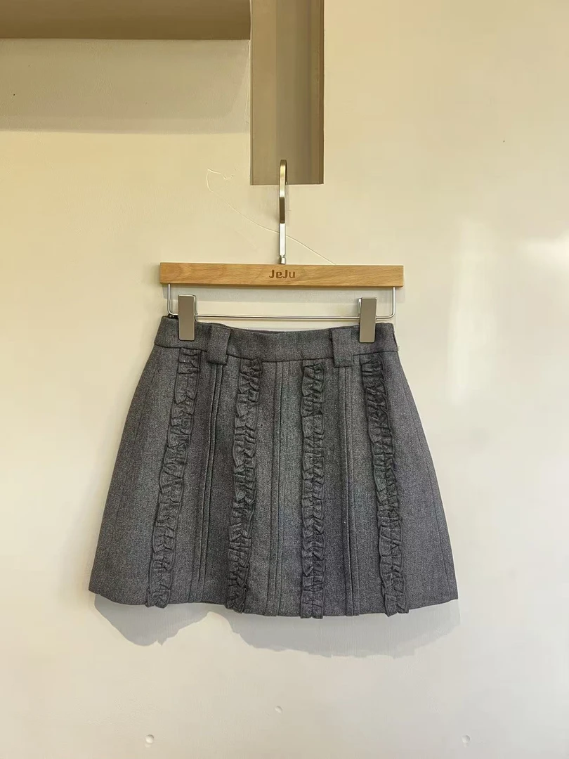【济州岛】褶皱木耳边拼接 呢子A字短裙 5737