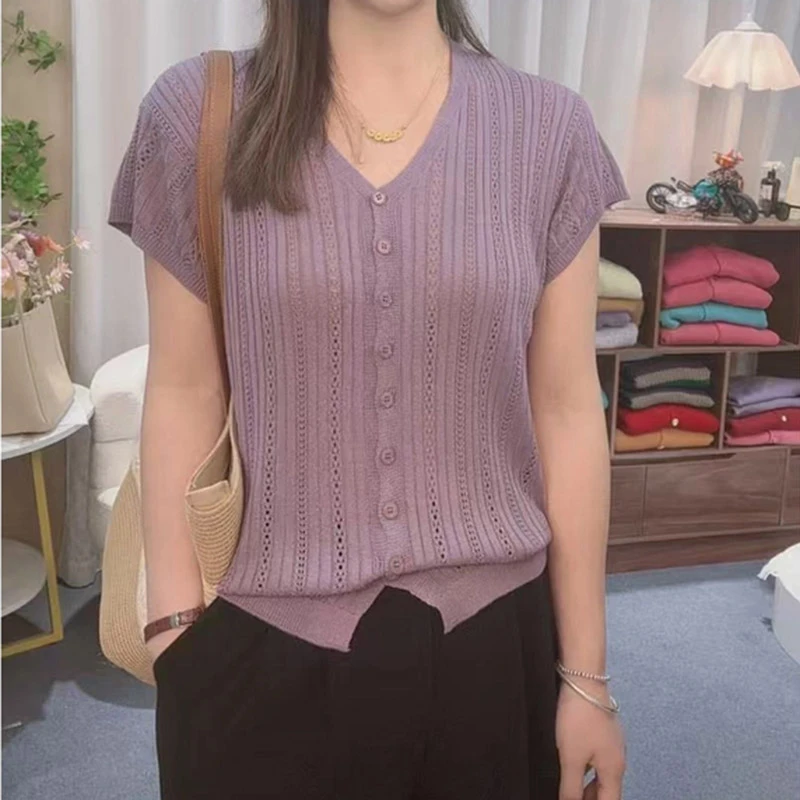 卡莲格/冰丝冰感简约慵懒风针织开衫短袖女夏款纯色镂空显瘦上衣
