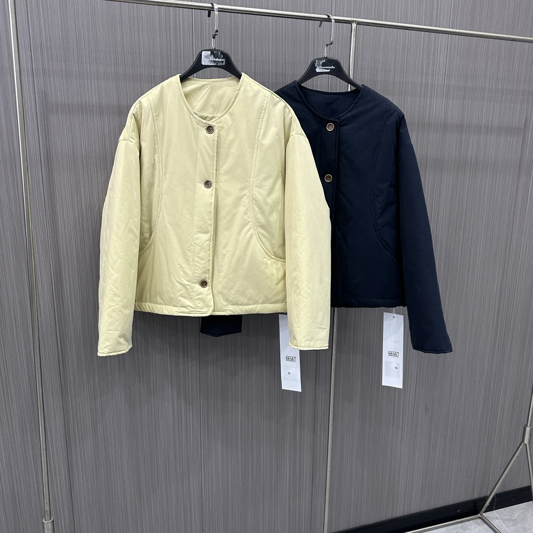 法式韩版纯色圆领排扣棉服66567