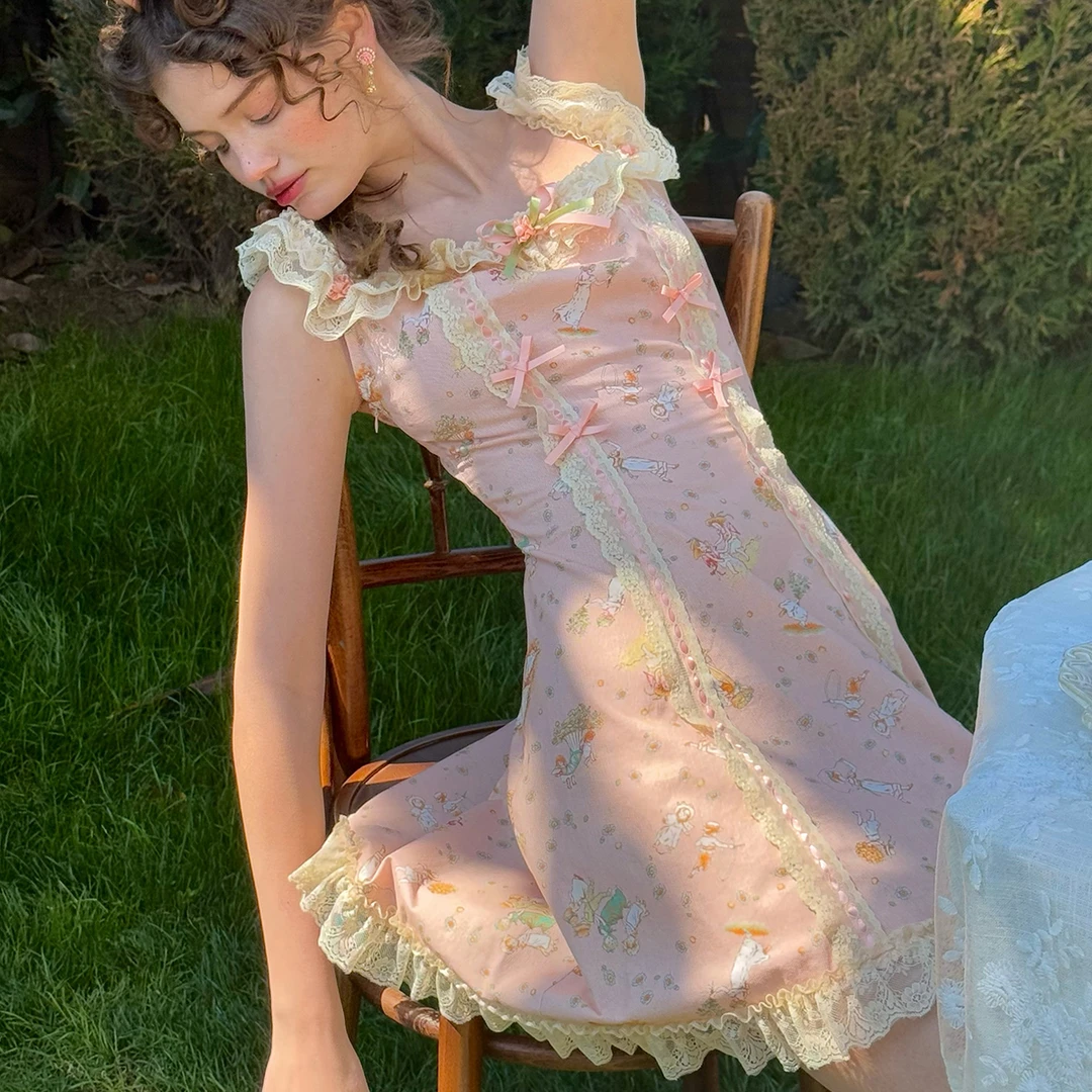 LaceMade 雏菊风筝 短款法式复古吊带短款鱼骨蕾丝连衣裙小个子女