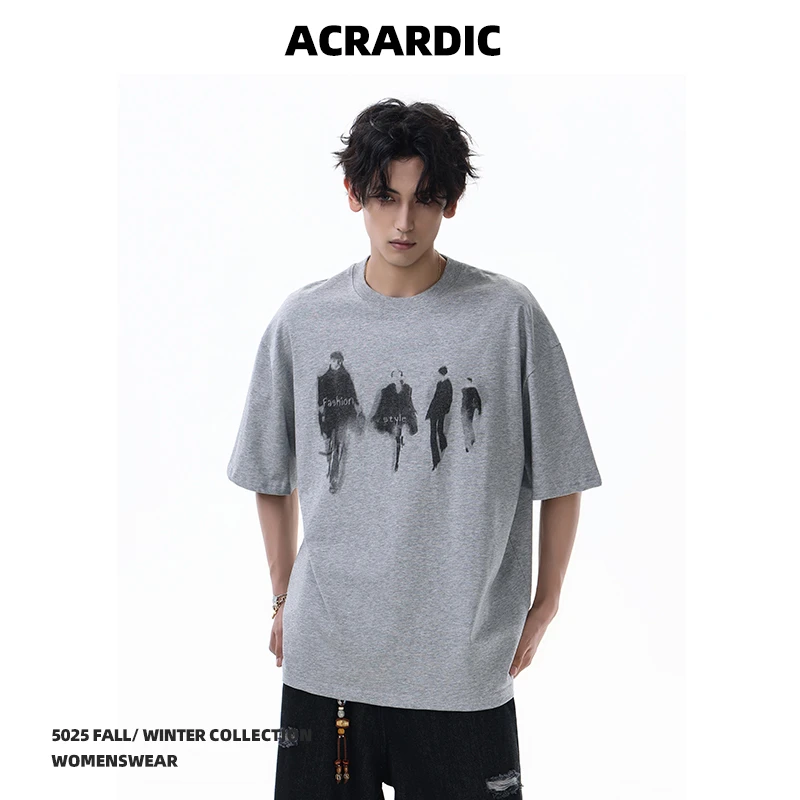 ACRARDIC潮牌模糊人像短袖T恤男街头痞帅休闲宽松半袖圆领体恤衫