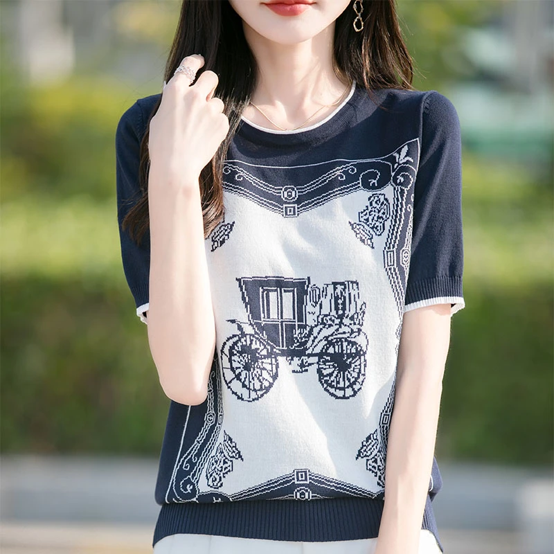 【莱赛尔天丝】简约百搭圆领印花针织短袖女休闲气质打底上衣 2131